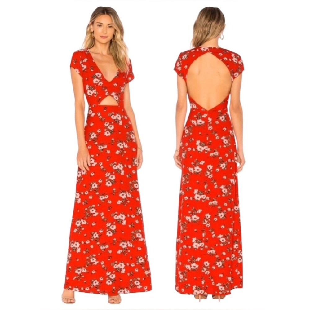 NEW REVOLVE About Us Red Floral Open Back Cutout Maxi Dress Size Medium NWT
